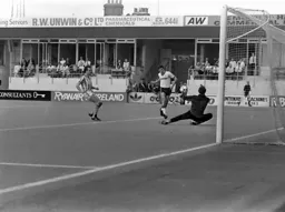 Mike Newell scores the Town`s second goal with a neat volley