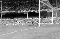 Brian Stein fires in a shot but Neville Southall is equal to it