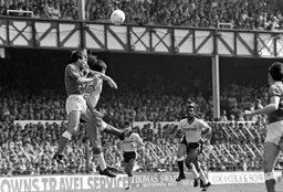 Mike Newell is beaten in the air by Kevin Ratcliffe