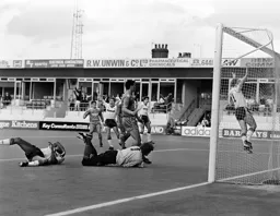 Brian Stein scores while Micky Weir jumps for joy