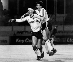 Steve Foster and Danny Wilson celebrate Fozzie's goal that gave the Town the lead in the League Cup Quarter Final and a 2-0 win
