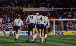Players celebrate after Mick Harford`s goal