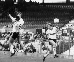 Future Hatter Graham Rodger out jumps Steve Foster to head the only goal of the game for City