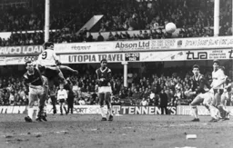 Mick Harford wins another header in the West Ham penalty area