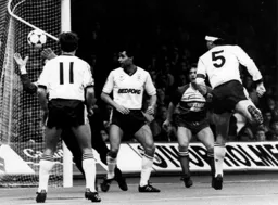Steve Foster heads the only goal of the game