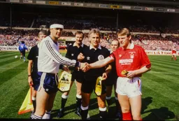 Steve Foster, Forest captain Stuart Pearce and referee Mr Milford exchange pre match pleasantries