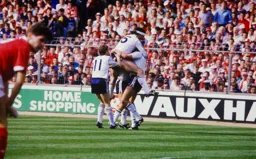 Steve Foster congratulates Mick Harford after scoring his goal