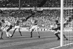 Mick Harford heads in the Town`s only goal