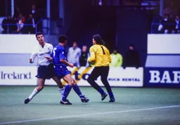 Sean Farrell blocked off by the Chelsea defender