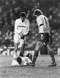 David Preece gets a teammate Sean Farrell’s help with cramp