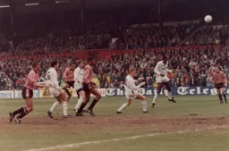 Marvin Johnson sends an attacking header goalwards