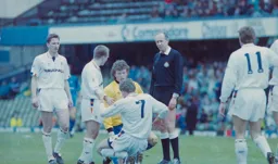 Lars Elstrup recovering from the high boot from Chelsea keeper Beasant