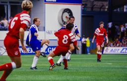 David Preece finding a gap in the Liverpool midfield