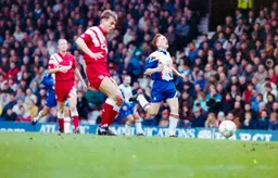 Mark Pembridge cannot get to the ball