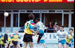 Marvin Johnson with a powerful header