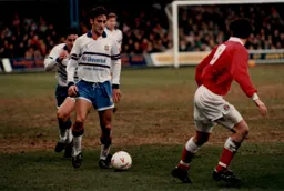 Paul Telfer prepares to overlap to help Scott Oakes beat the Charlton defender, as if he needed it