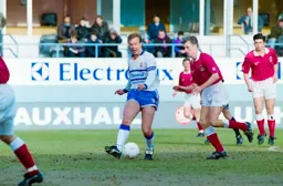 Kerry Dixon gets the ball past Charlton’s Alan Pardew