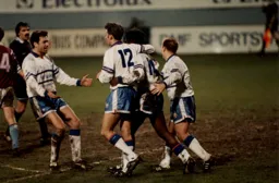 Martin Williams is congratulated after netting the last minute clincher