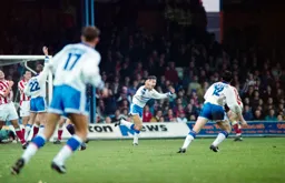 Scott Oakes wheels away after scoring the third goal