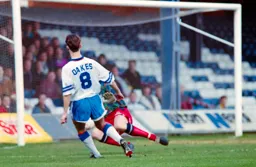 Scott Oakes shot is blocked by the keeper