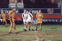 Paul Telfer is congratulated after opening the scoring