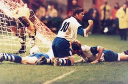 Thorpe and Oldfield celebrate Stevo's goal but the Town go down 2-1 at the Racecourse Ground