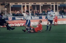 Tony Thorpe is foiled this time by Blackpool keeper Banks