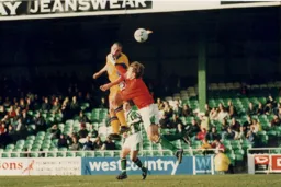 Andrew Fotiadis heads the ball past Jon Sheffield for Town`s first goal