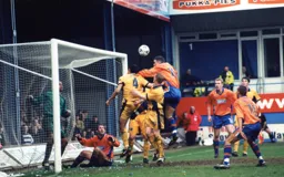Andrew Fotiadis tries to force the ball home but even before VAR Phil Gray may have been given offside
