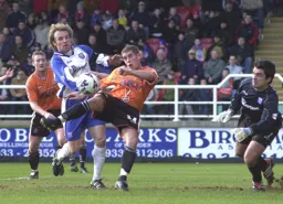 Dean Crowe scores the Town's first goal from close range