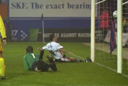 Ahmet Brkovic watches the ball go into the net