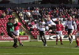 Kevin Nicholls spectacular volley beats Marlon Beresford but crashes against the crossbar
