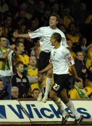 Peter Holmes celebrates his goal with Dean Morgan