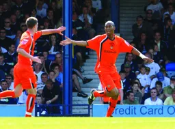 Stephen O`Leary and Calvin Andrew celebrate Town`s first goal