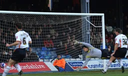 Former Hatter Rob Beckwith is unable to keep the ball out of the net