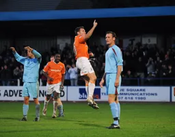 Kevin Gallen leaps for joy after scoring Town`s second goal
