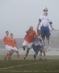 The ball is about to drop for Liam Hatch to head in the only goal of the game