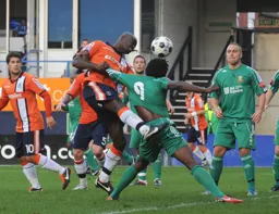 Will Antwi sends a header towards goal