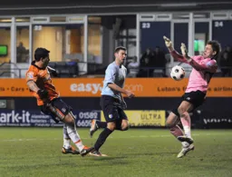 Alan Marriott saves Danny Crow`s point blank shot
