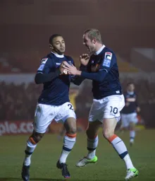 Andre Gray and Scott Rendell celebrate Town`s first goal