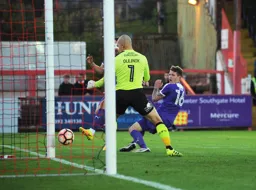 Glen Rea touches the ball into the net for Town`s second goal
