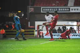 Isaac Vassell sees his point blank effort blocked by Will Henry