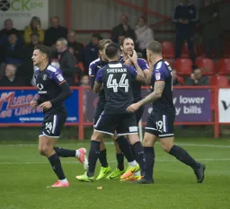 Danny Hylton celebrates after scoring Town`s second goal from the penalty spot