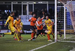 So close,but Glen Rea cannot turn the ball into the net