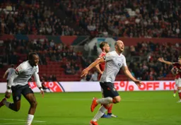 Danny Hylton celebrating a vital goal against Bristol City