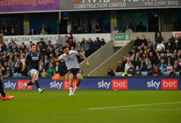 Harry Cornick scoring his first of the afternoon with a spectacular shot