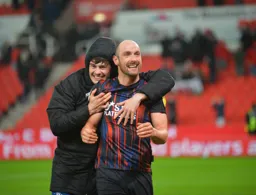 Elliot Thorpe showing his appreciation to Danny Hylton after his great performance