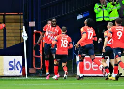 Elijah Adebayo celebrates after scoring the Town`s second goal