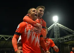Carlton Morris and Jordan Clark celebrate Morris`s goal