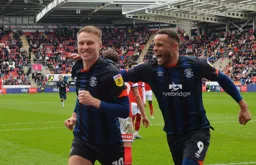 Relief for Cauley Woodrow after scoring the second goal Carlton Morris looks happy about it